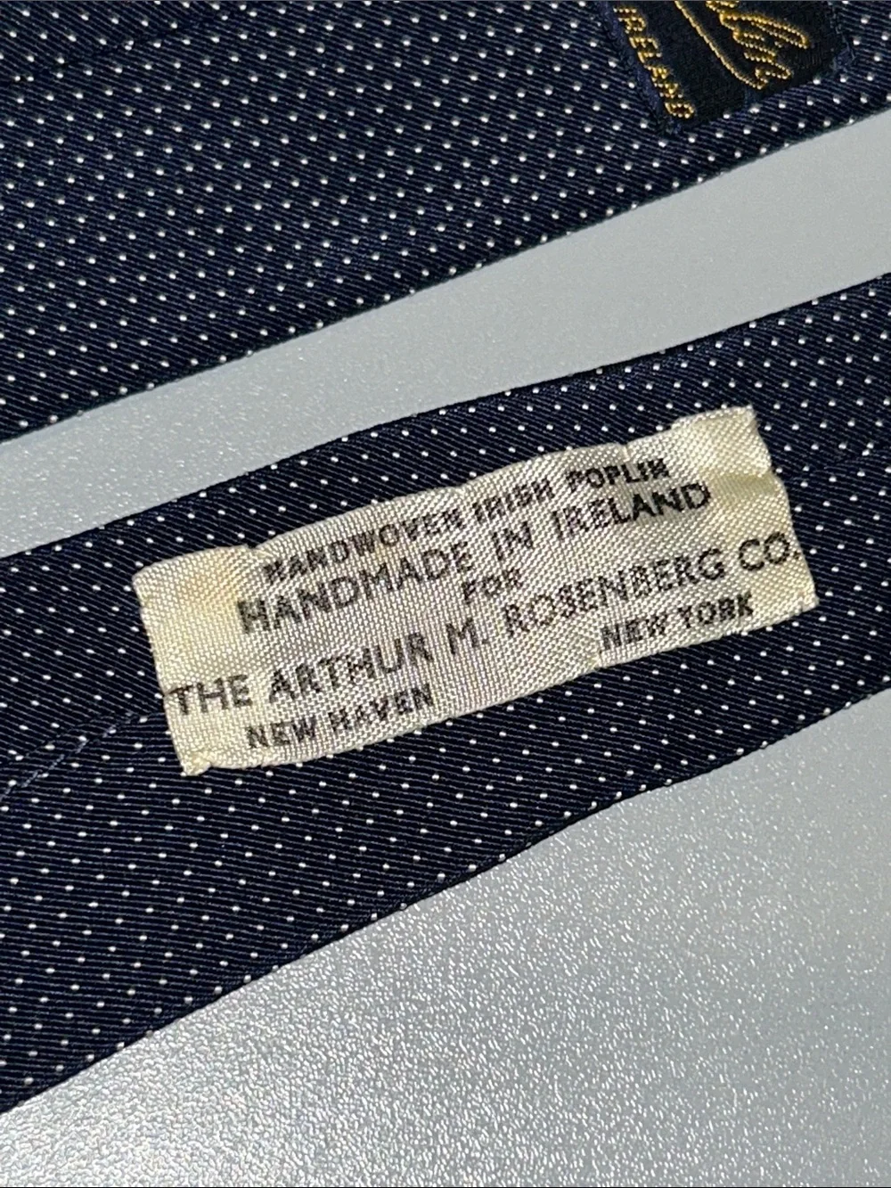 Elliot’s Irish Poplin for Athur M.Rosenberg Navy Blue Tie White Microdot Pattern